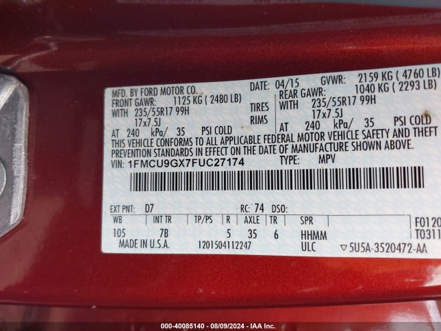Ford ESCAPE SE 2015 1FMCU9GX7FUC27174 Image 9