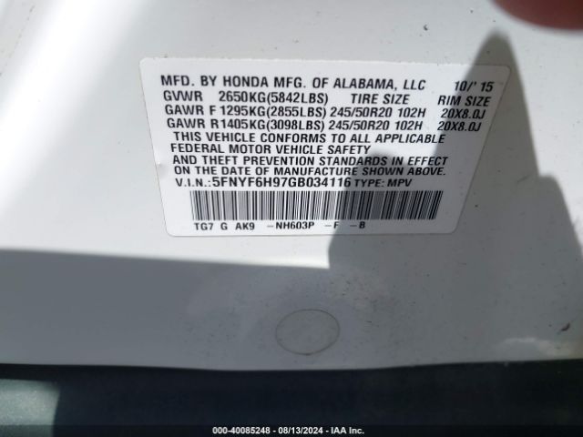 5FNYF6H97GB034116 Honda Pilot Touring