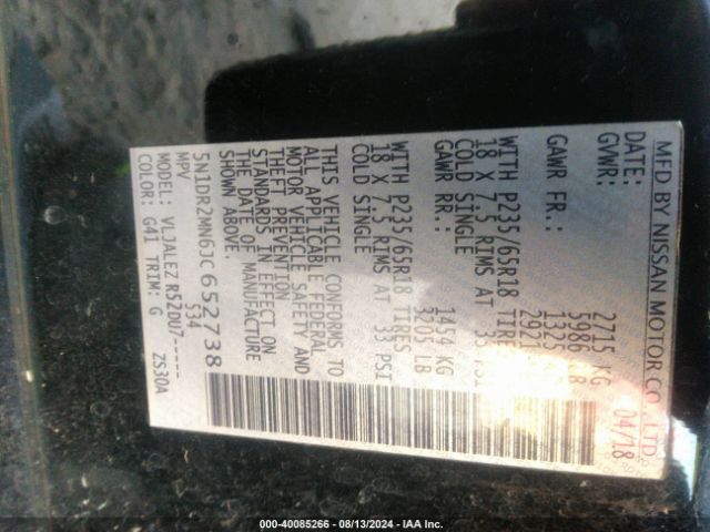 5N1DR2MN6JC652738 Nissan Pathfinder Sv