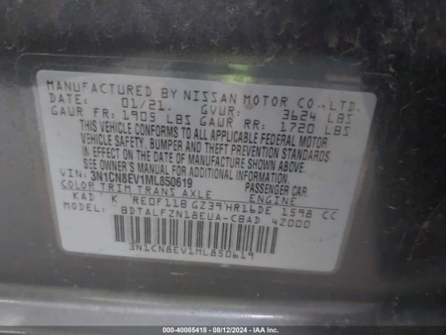 3N1CN8EV1ML850619 Nissan Versa Sv Xtronic Cvt