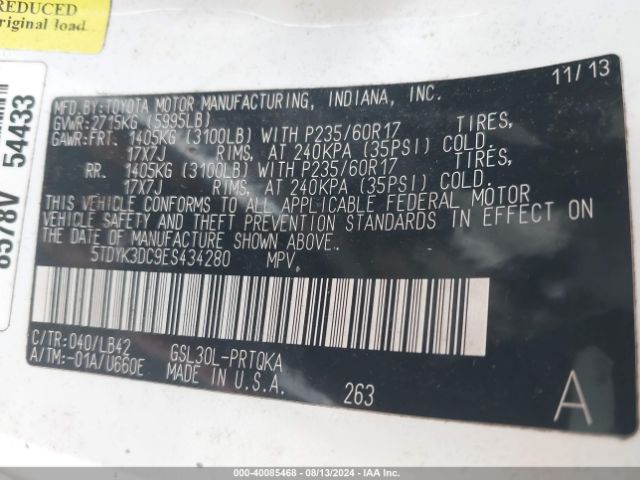 5TDYK3DC9ES434280 Toyota Sienna Xle V6 8 Passenger