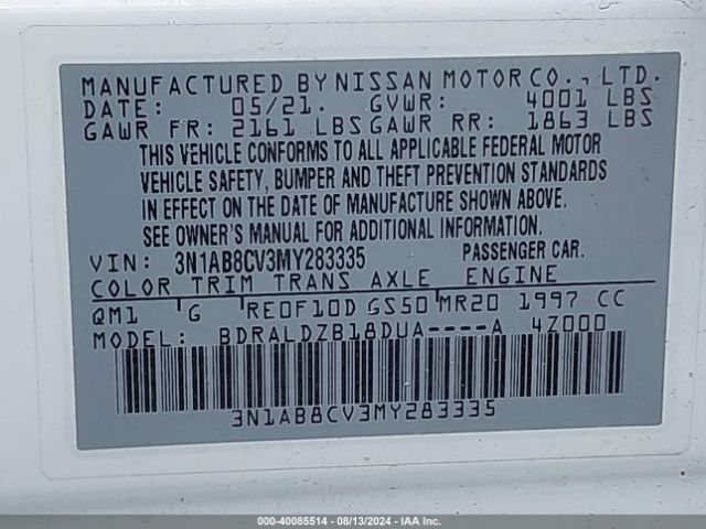 3N1AB8CV3MY283335 Nissan Sentra Sv Xtronic Cvt