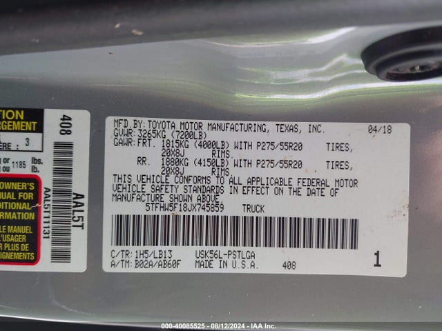 5TFHW5F18JX745859 Toyota Tundra Limited 5.7l V8