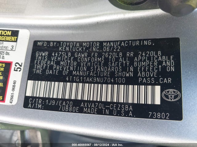 Toyota CAMRY SE 2022 4T1G11AK9NU704100 Image 9