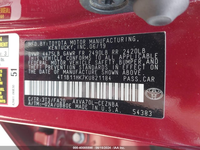 Toyota CAMRY LE 2019 4T1B11HK7KU821184 Image 9
