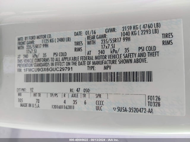 Ford ESCAPE SE 2016 1FMCU9GX6GUC29791 Image 9