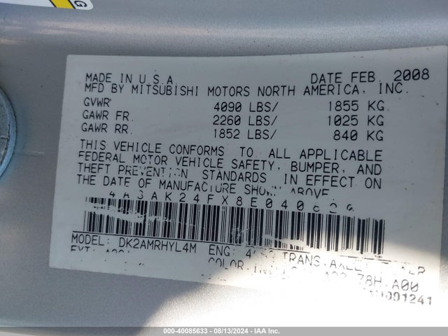 2008 MITSUBISHI ECLIPSE 4A3AK24FX8E040820 Photo 8