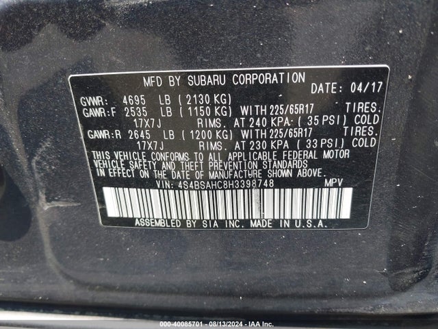 4S4BSAHC8H3398748 Subaru Outback 2.5i Premium