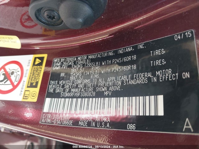 Toyota Highlander Xle V6 2015 5TDKKRFH9FS080828 Image 9