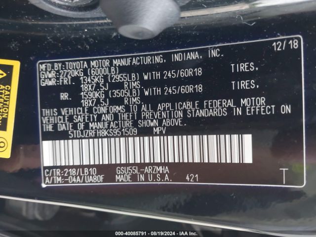 5TDJZRFH8KS951509 Toyota Highlander Xle