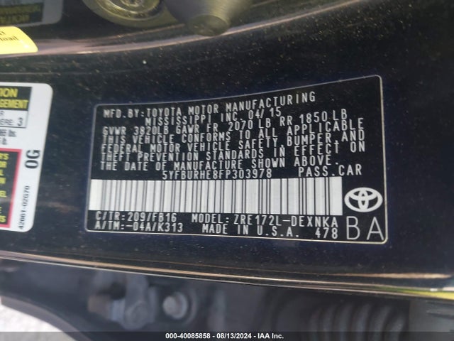 Toyota COROLLA LE 2015 5YFBURHE8FP303978 Image 9