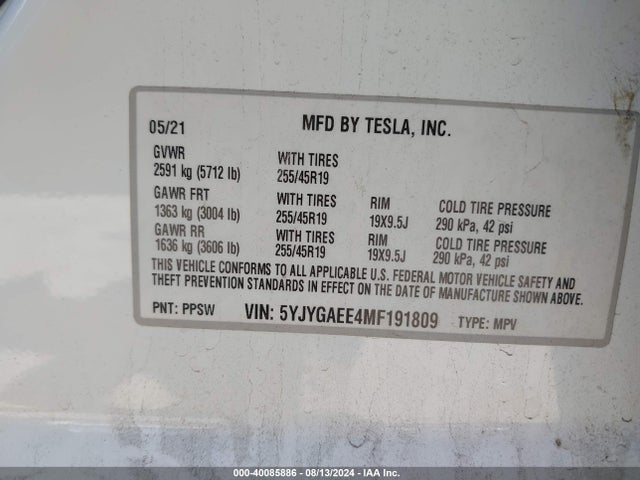 2021 TESLA MODEL Y 5YJYGAEE4MF191809 Photo 8