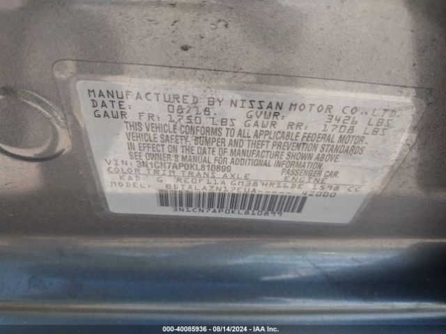3N1CN7AP0KL810899 Nissan Versa 1.6 S+