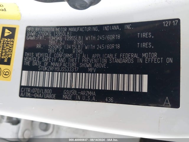 Toyota Highlander Xle 2018 5TDKZRFH9JS533317 Image 9