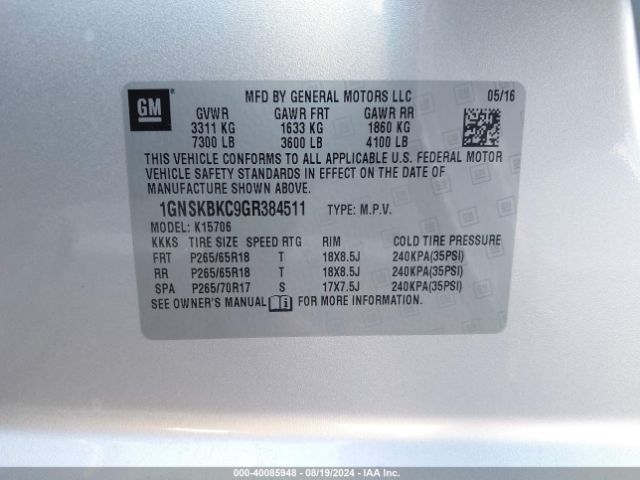1GNSKBKC9GR384511 Chevrolet Tahoe Lt