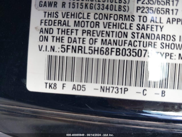 Honda ODYSSEY EXL 2015 5FNRL5H68FB035075 Image 9