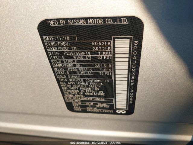 3PCAJ5M38KF130986 Infiniti Qx50 Luxe