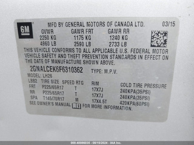 Chevrolet Equinox 2lt 2015 2GNALCEK6F6310362 Image 9