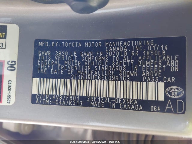 Toyota COROLLA LE 2014 2T1BURHE6EC099163 Image 9
