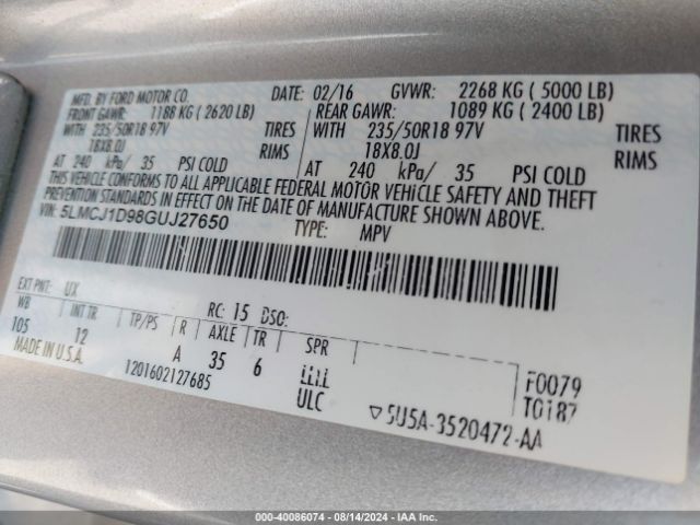 5LMCJ1D98GUJ27650 Lincoln Mkc Premier