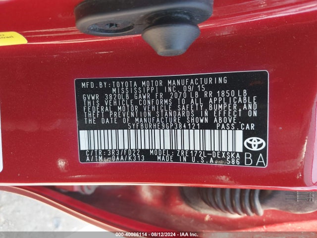 Toyota Corolla S Plus 2016 5YFBURHE9GP384121 Image 9