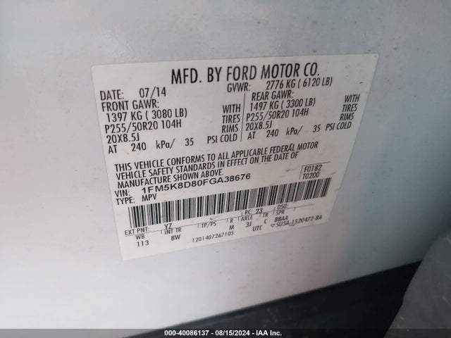 Ford EXPLORER XLT 2015 1FM5K8D80FGA38676 Image 9