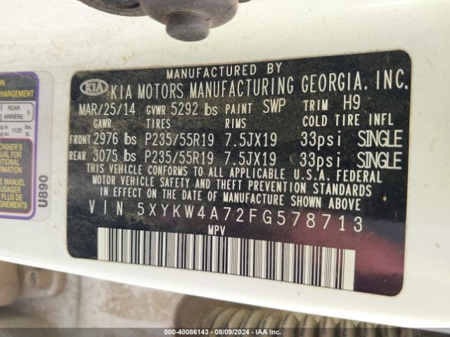5XYKW4A72FG578713 KIA Sorento Sx V6