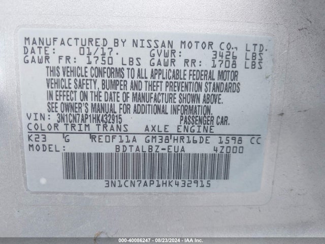 Nissan Versa 1.6 Sv 2017 3N1CN7AP1HK432915 Image 9
