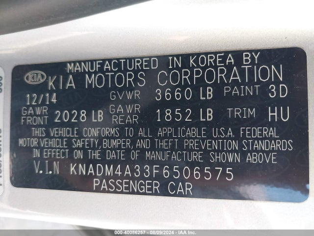 KIA RIO LX 2015 KNADM4A33F6506575 Image 9