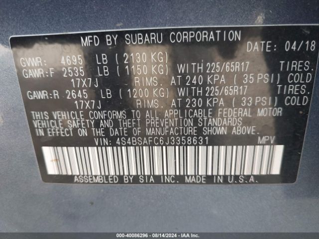 4S4BSAFC6J3358631 Subaru Outback 2.5i Premium