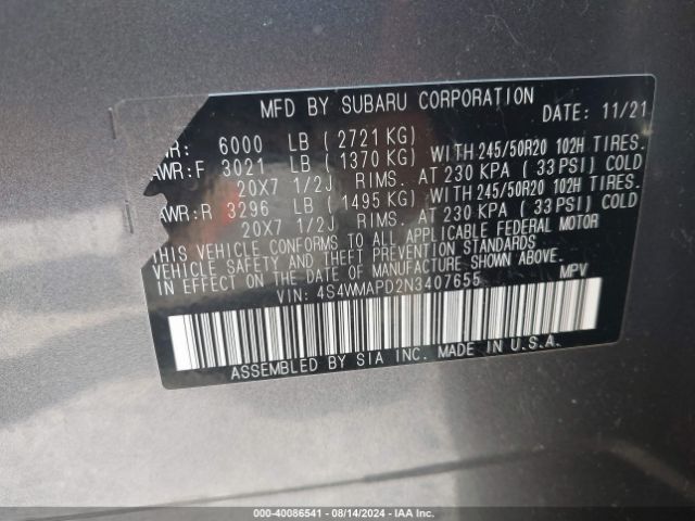 4S4WMAPD2N3407655 Subaru Ascent Limited