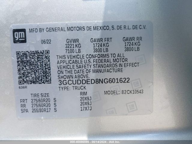 3GCUDDED8NG601622 Chevrolet Silverado 1500 4wd  Standard Bed Lt