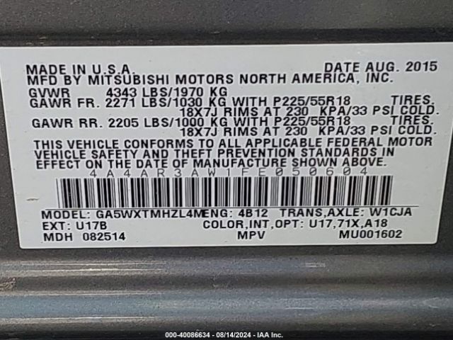 4A4AR3AW1FE050604 Mitsubishi Outlander Sport Es