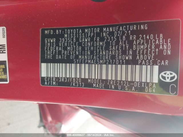 5YFEPMAE5MP217011 Toyota COROLLA LE