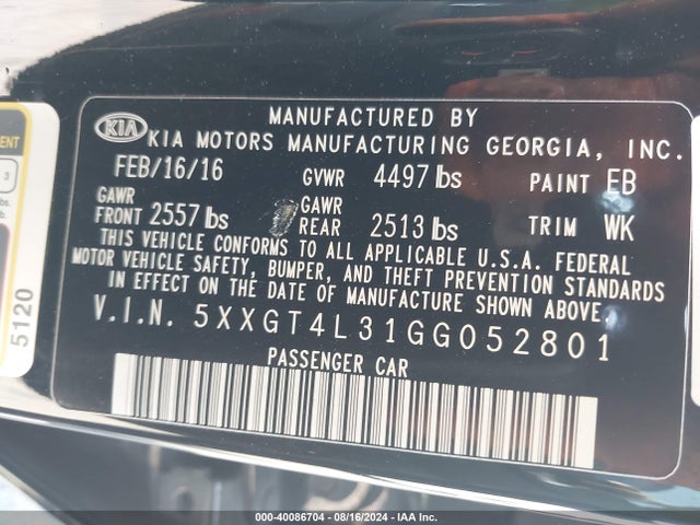 KIA Optima Lx 2016 5XXGT4L31GG052801 Image 9