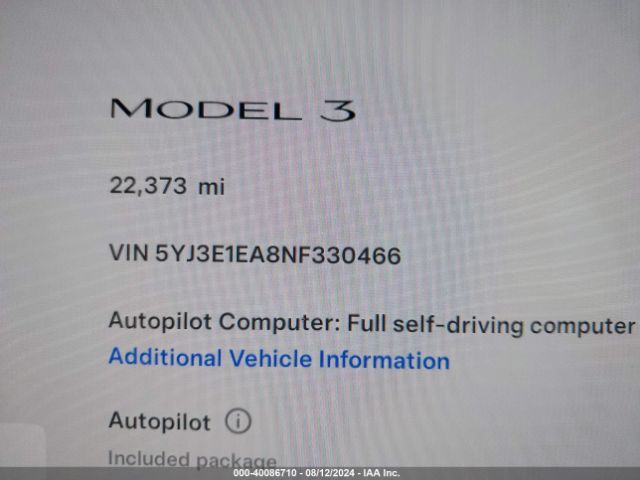 5YJ3E1EA8NF330466 Tesla Model 3 Rear-wheel Drive