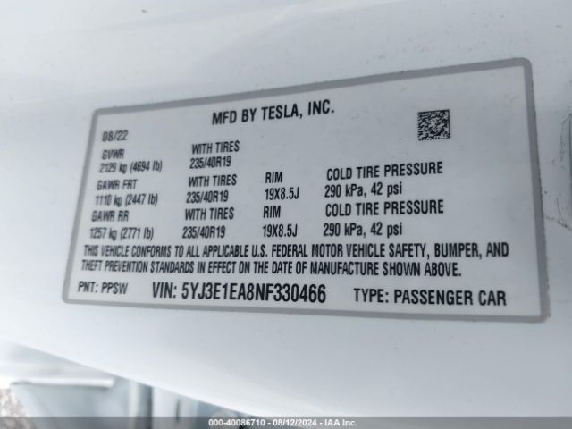 5YJ3E1EA8NF330466 Tesla Model 3 Rear-wheel Drive
