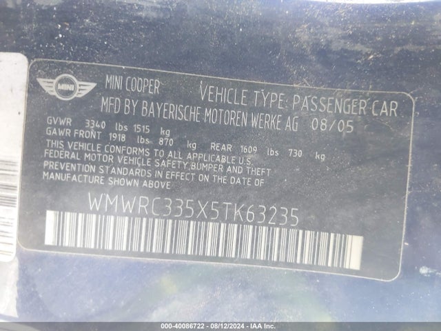 2005 MINI COOPER WMWRC335X5TK63235 Photo 8
