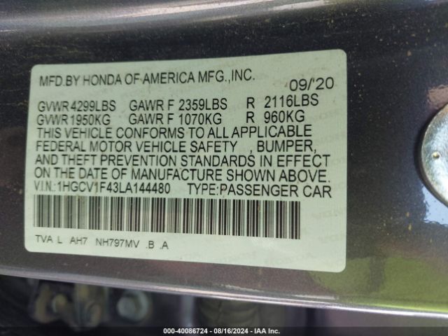 1HGCV1F43LA144480 Honda ACCORD EX
