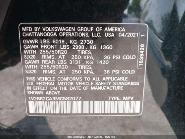 1V2BR2CA3MC582077 Volkswagen Atlas 3.6l V6 Sel