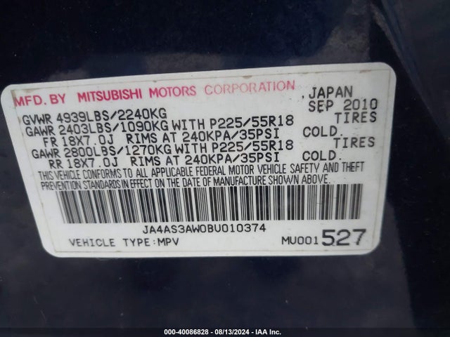 2011 MITSUBISHI OUTLANDER JA4AS3AW0BU010374 Photo 8