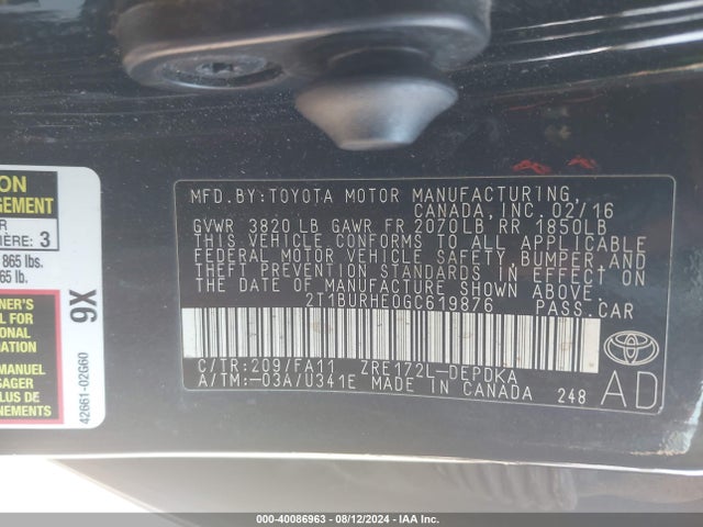 Toyota COROLLA L 2016 2T1BURHE0GC619876 Image 9