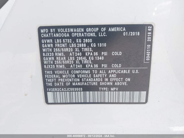 1V2ER2CA2JC553503 Volkswagen Atlas 3.6l V6 Sel