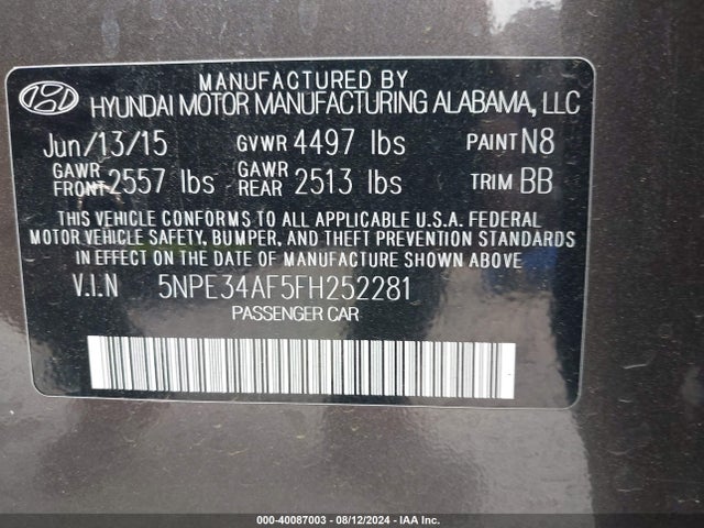 Hyundai Sonata Limited 2015 5NPE34AF5FH252281 Image 9