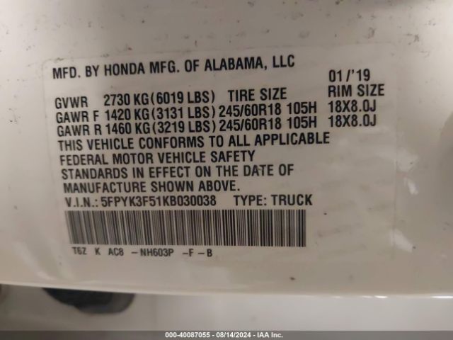 5FPYK3F51KB030038 Honda Ridgeline Rtl