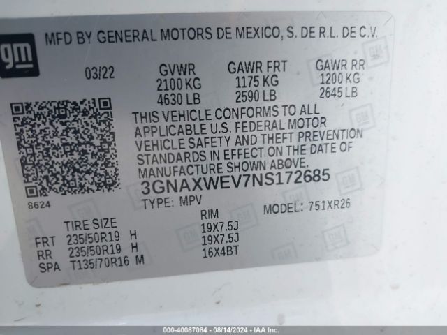 3GNAXWEV7NS172685 Chevrolet Equinox Awd Rs