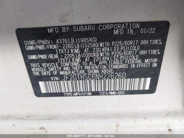 JF2GTHSC6NH226260 Subaru Crosstrek Sport