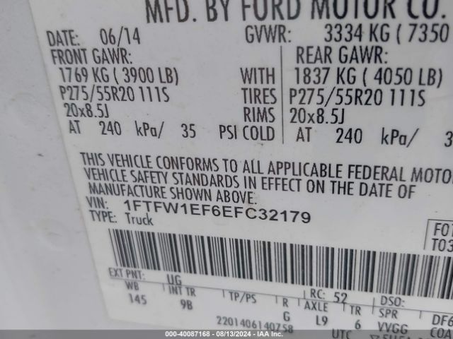 1FTFW1EF6EFC32179 Ford F-150 Platinum