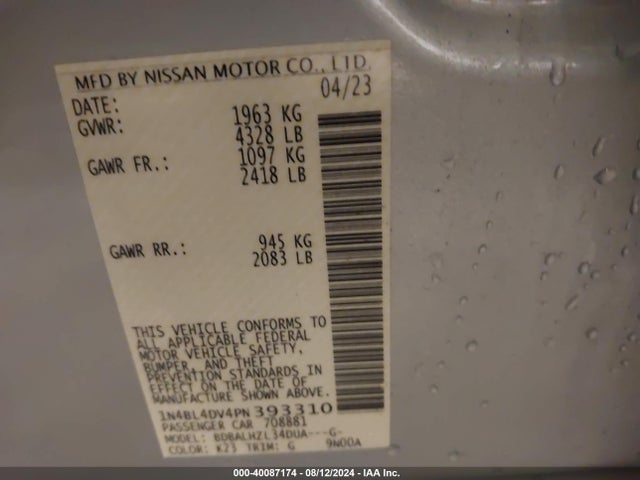 1N4BL4DV4PN393310 Nissan ALTIMA SV