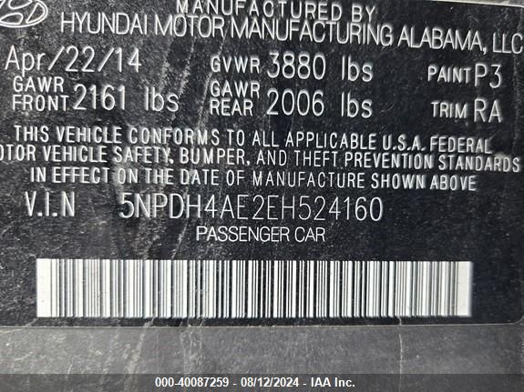 5NPDH4AE2EH524160 Hyundai ELANTRA SE